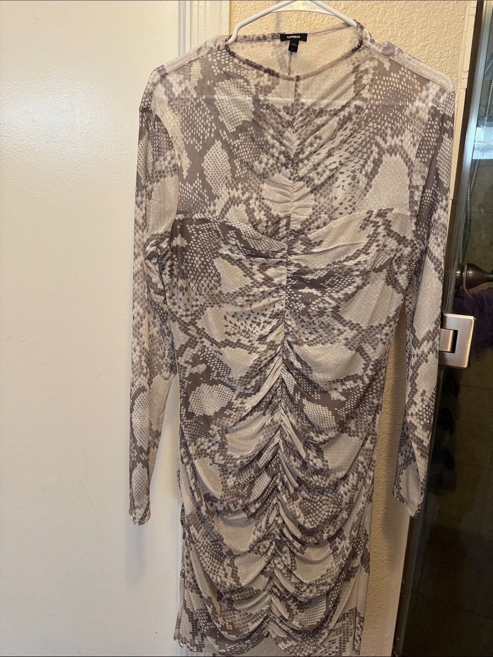 Express Beige and Gray Snake-Print Ruched Long Sleeve Dress